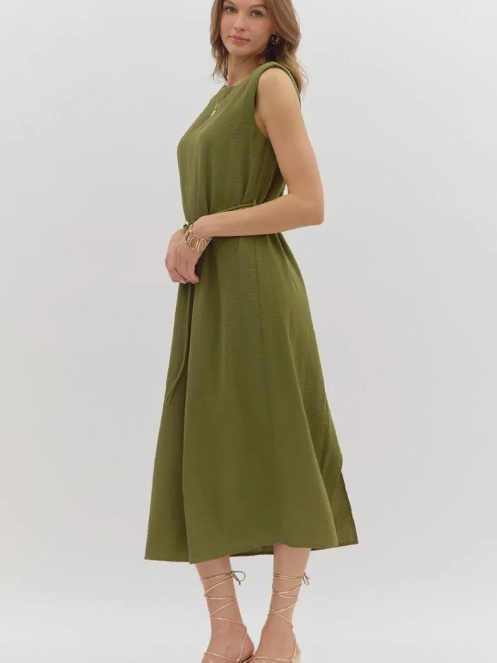 Sage Belted Midi Dress - Picture 2 of 7